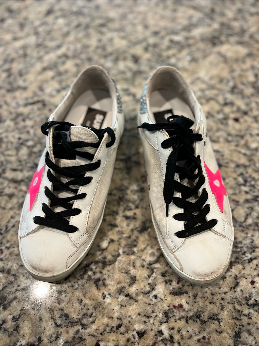 Golden Goose White Sneakers with Hot Pink Star and Black Laces